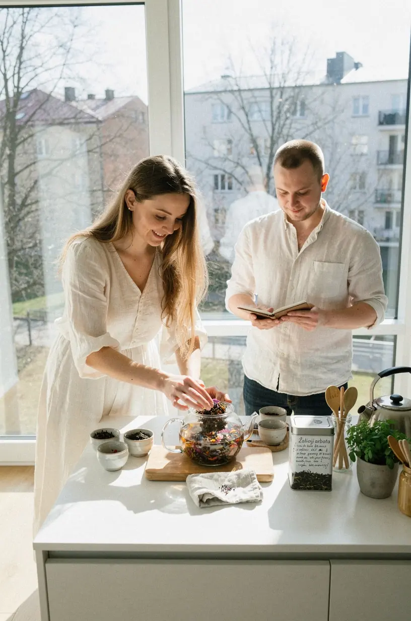 Arbatos lapeliai ir termosas ant minimalistinio medinio stalo.
