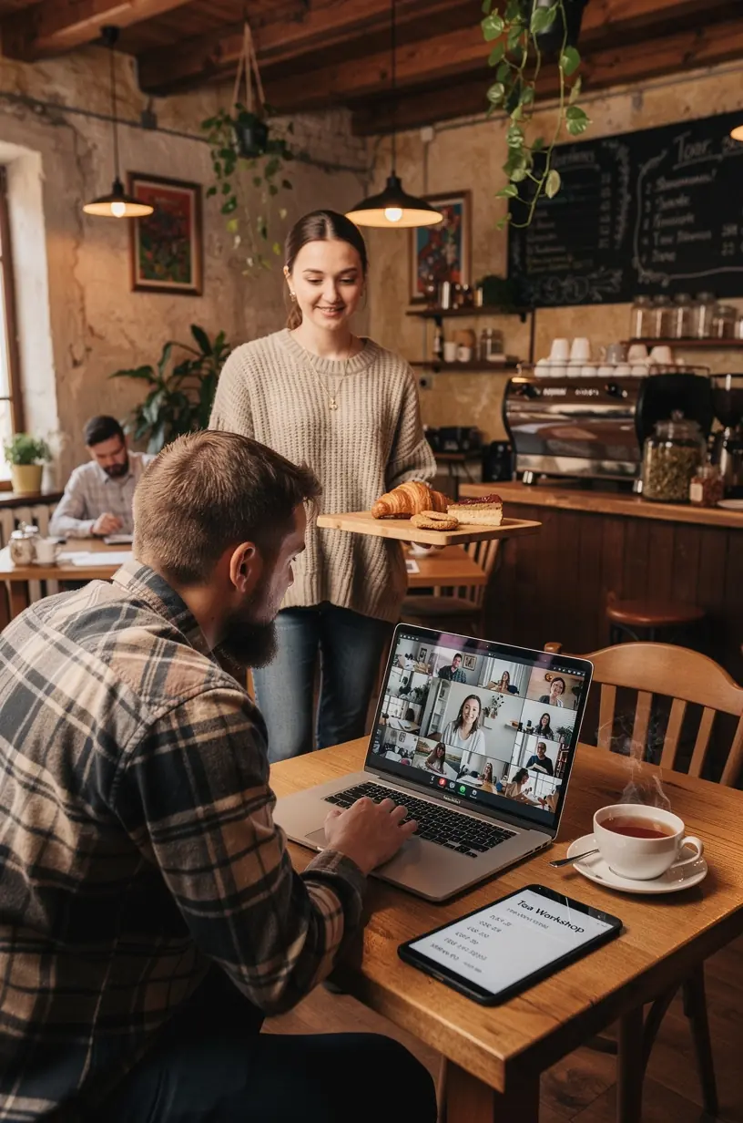 Moteris meditacinėje pozoje, laikanti arbatos puodelį rankose.