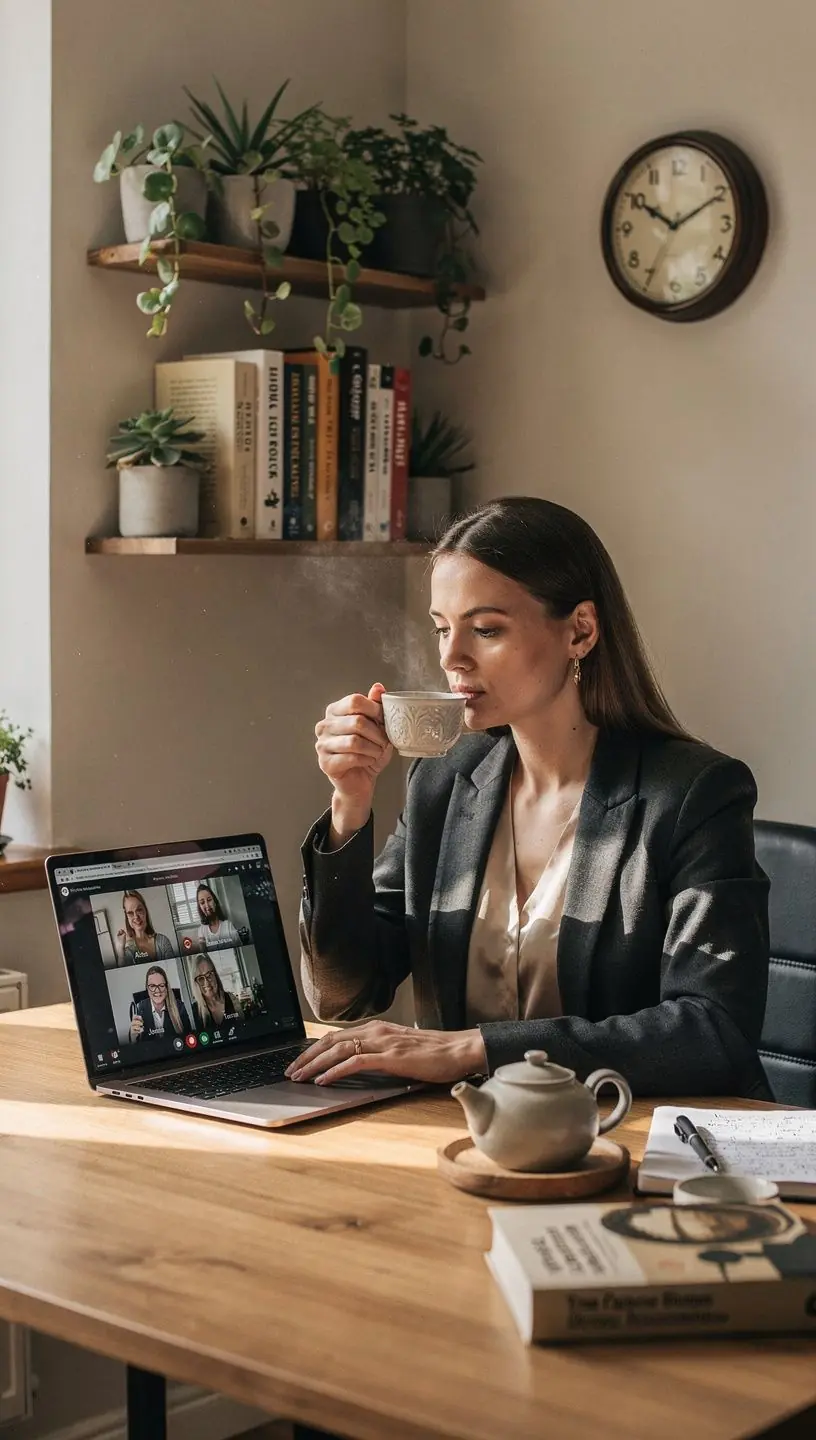 Rytinė arbatos puodelio ceremonija ramioje namų aplinkoje.
