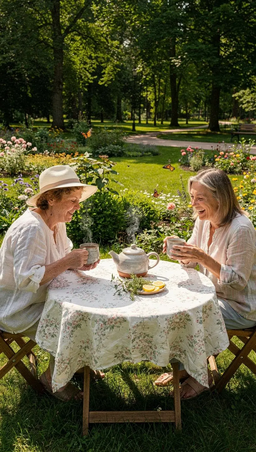 Stalas su įvairių rūšių arbatos servizais ir žaliomis lapeliais.